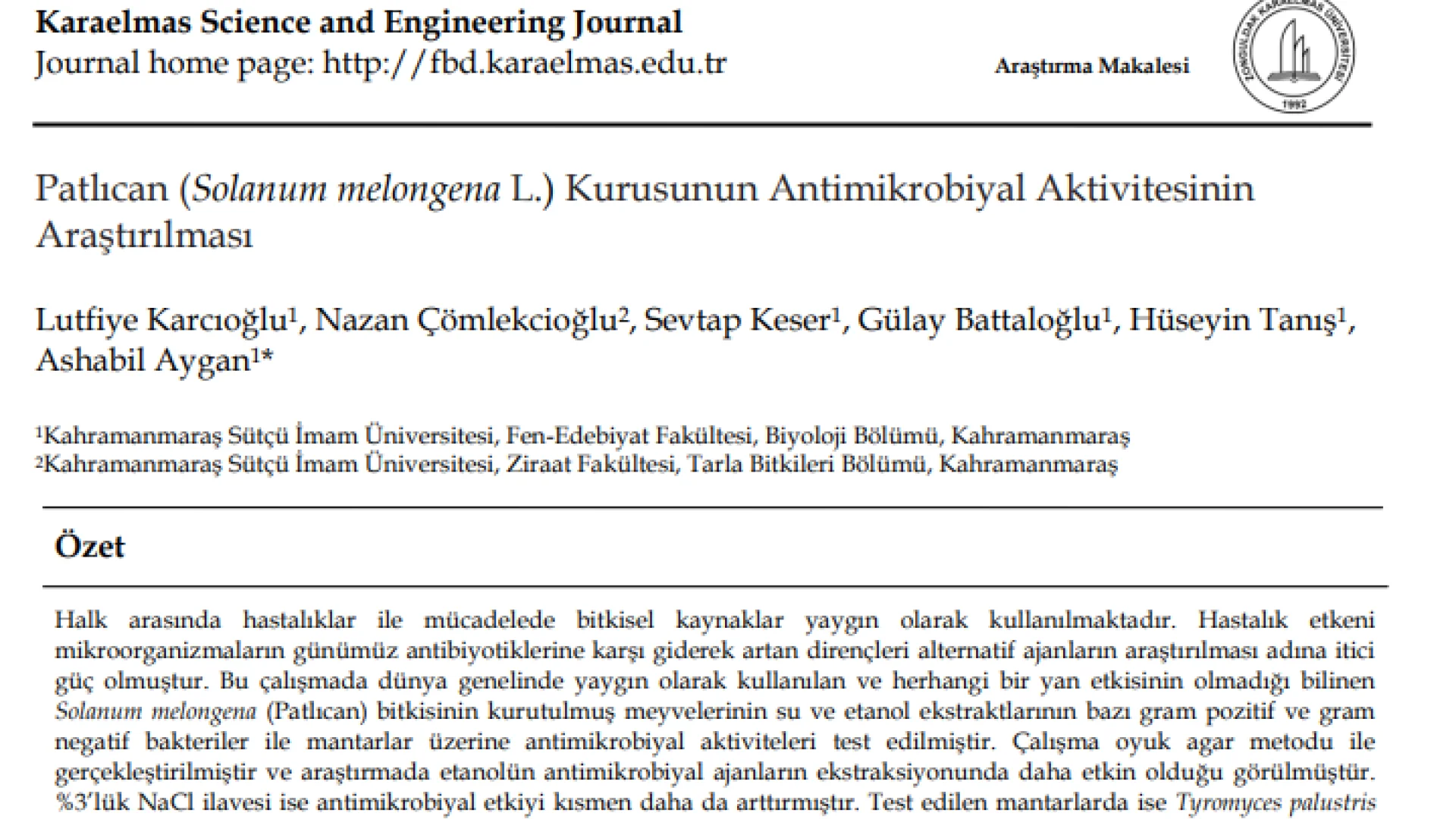 Patlıcan (Solanum melongena L.) Kurusunun Antimikrobiyal Aktivitesinin Araştırılması