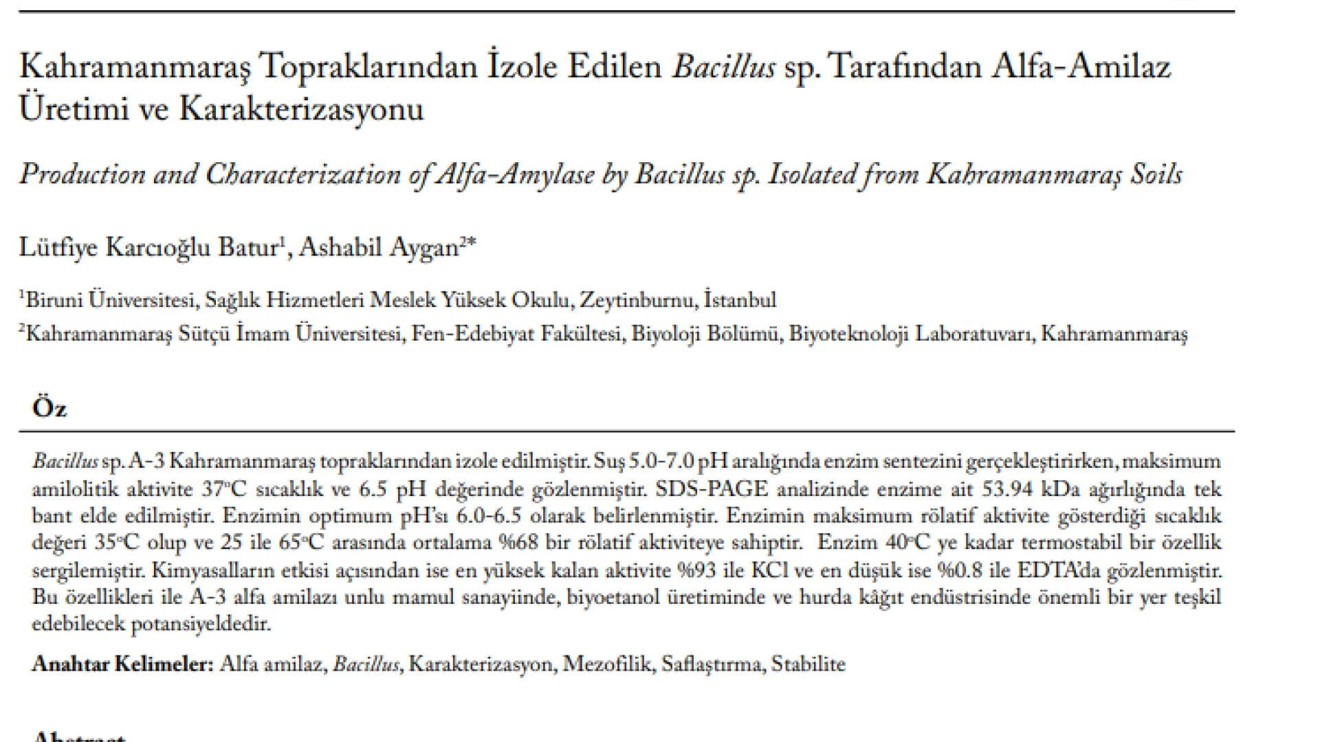 Kahramanmaraş Topraklarından İzole Edilen Bacillus sp. Tarafından Alfa-Amilaz  Üretimi ve Karakterizasyonu